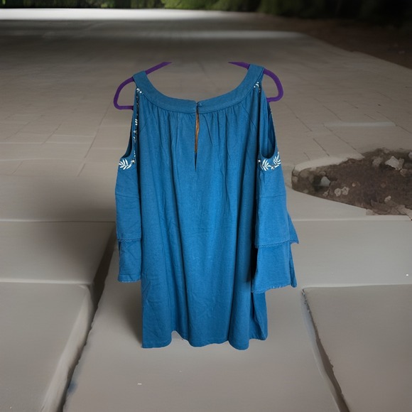 Roaman's Teal Embroidered Bell Sleeve Boho Tunic Blouse Size 18/20 L - Picture 2 of 13